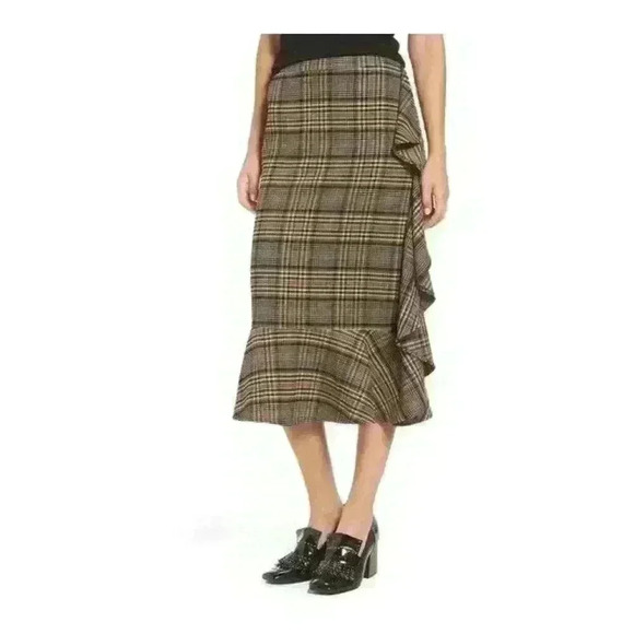 Leith Plaid Soft Tweed Midi Flare Skirt with Asymmetrical Ruffle Size Small - Picture 1 of 7